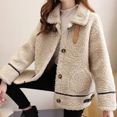 Korean Fashion Autumn Winter Sheepskin Turn-down Collar Solid Color Coat for Women Loose Soft Wool Women's Jackets Thick Warm