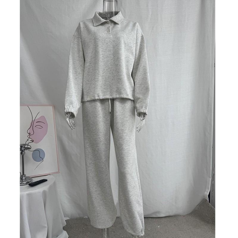 2026 Womens 2-Piece Casual Set Long Sleeve Polo Top Wide Leg Pants Sportswear