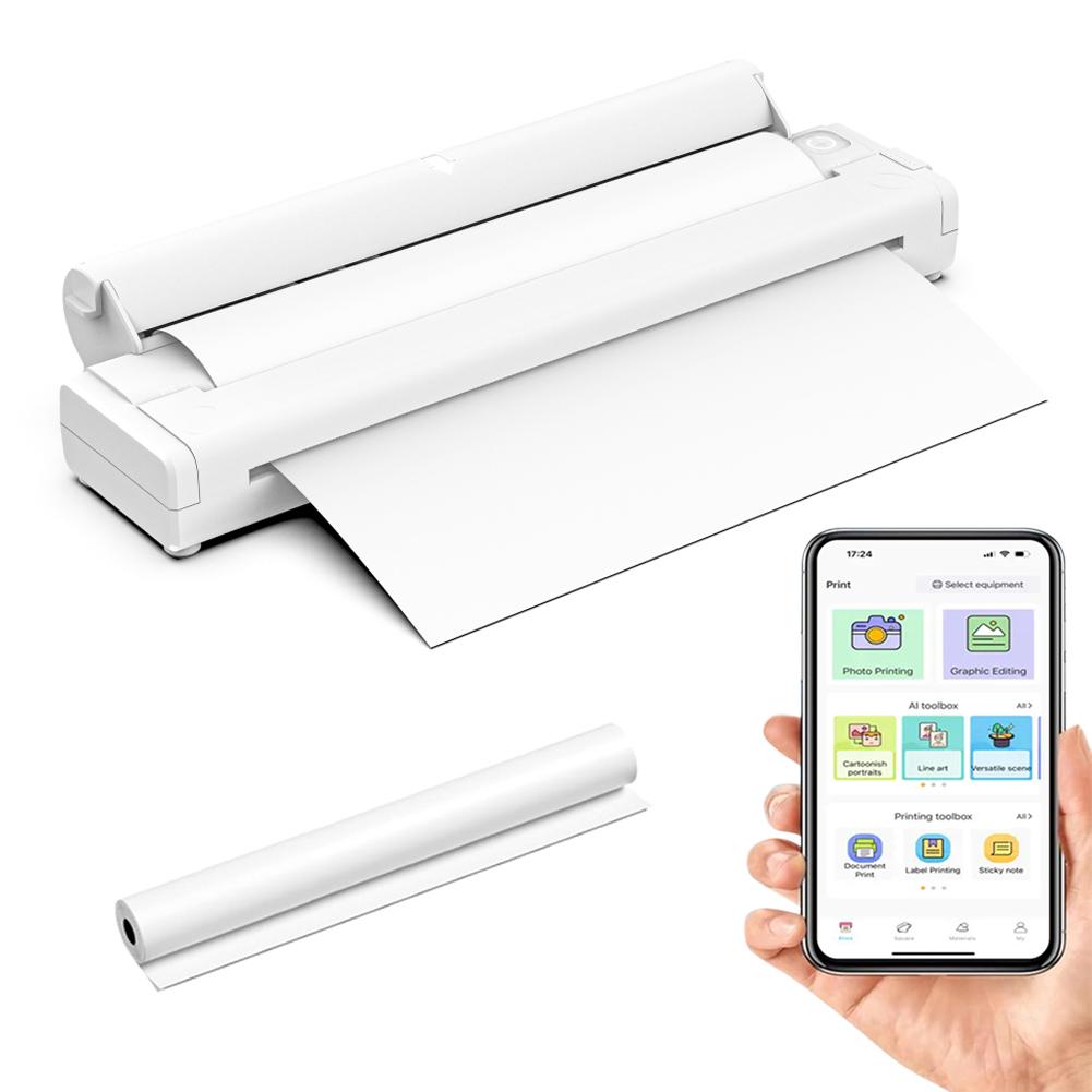 Wireless Mobile Travel Printer Inkless Bluetooth-Compatible Thermal A4 Mobile Printer 203DPI with Printing Paper Home Office Use