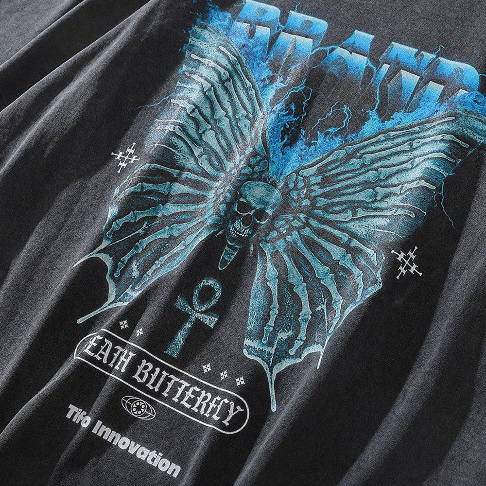 Camiseta de Manga Corta con Estampado de Calavera y Diablo para Hombres Instagram Europa y América Calle Cuello Redondo Viejo Manga 3/4 Verano Ciencia Ficción Corte Holgado