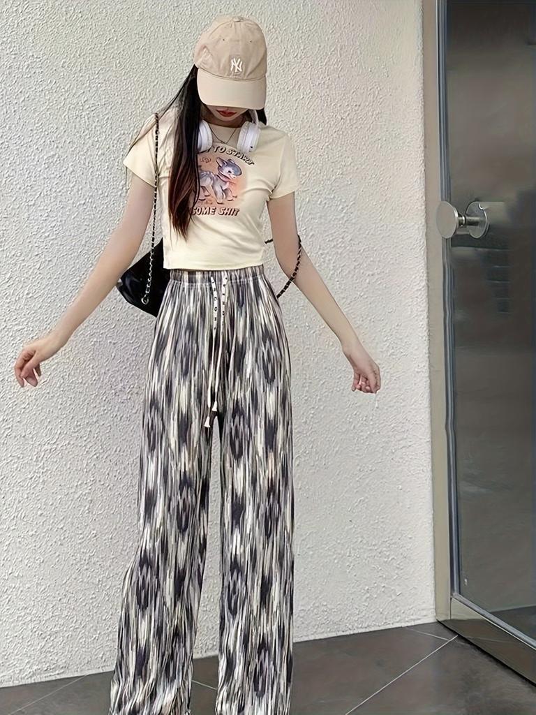 Batik-Hose im Vintage-Stil für Damen mit weitem Bein, lockere, schlankmachende Freizeithose aus Eisseide, bequeme, kühle Freizeit- und Sporthose, eleganter Stil