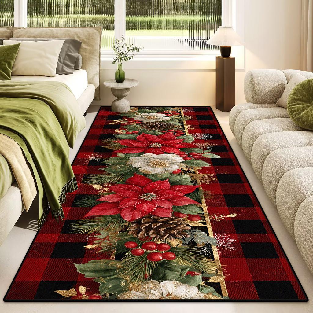 Merry Christmas Poinsettia Plaid Kitchen Rug Lliving Room Entrance Non-slip Door Mat Balcony Bath Floor Mat Christmas Decoration