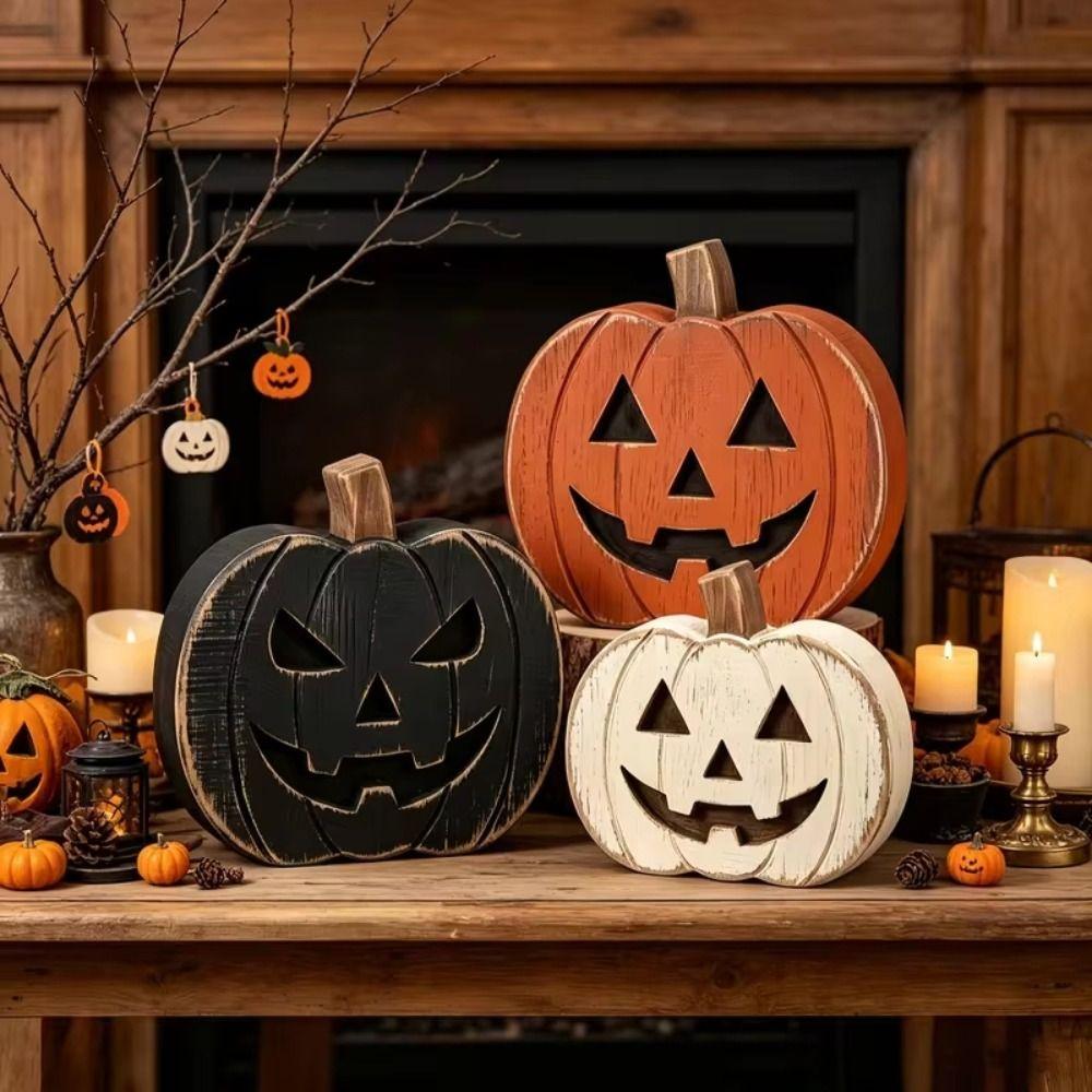 3PCS Freestanding Wooden Pumpkin Hand Painted Halloween Ornament Tiered Tray Decor Alloween Party