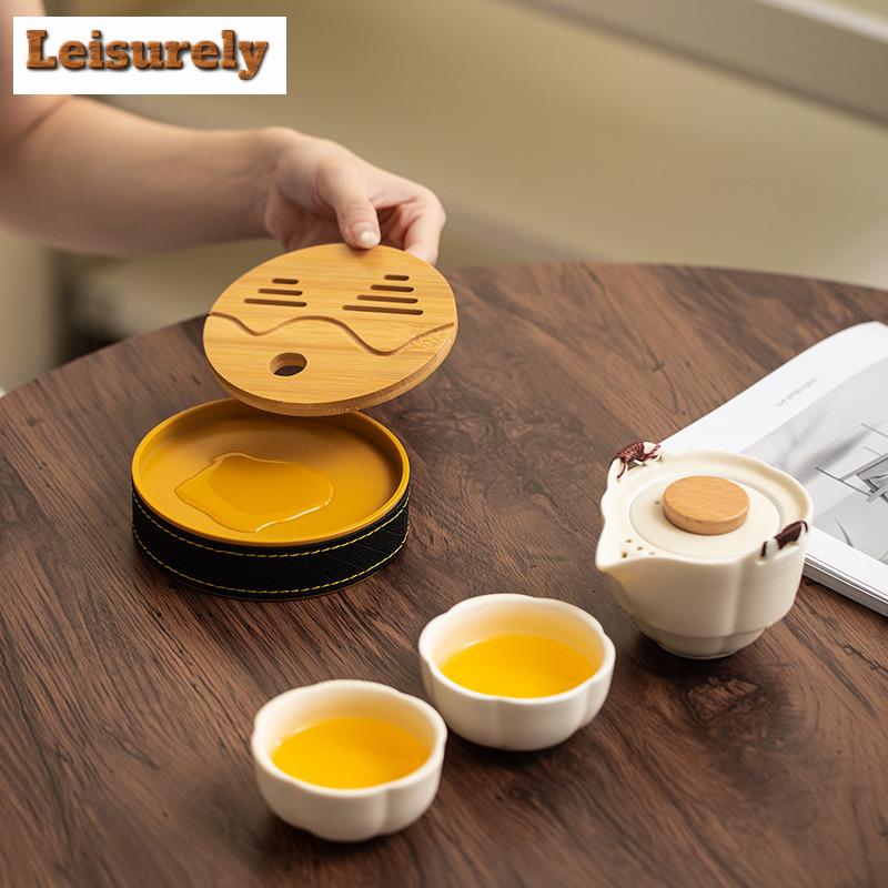Cream Style Travel Tea Set Kit Handmade Set Of Cups 1 Pot 2 Cups Tea Making Organizer Portable Camping Handbag Accessories Craft