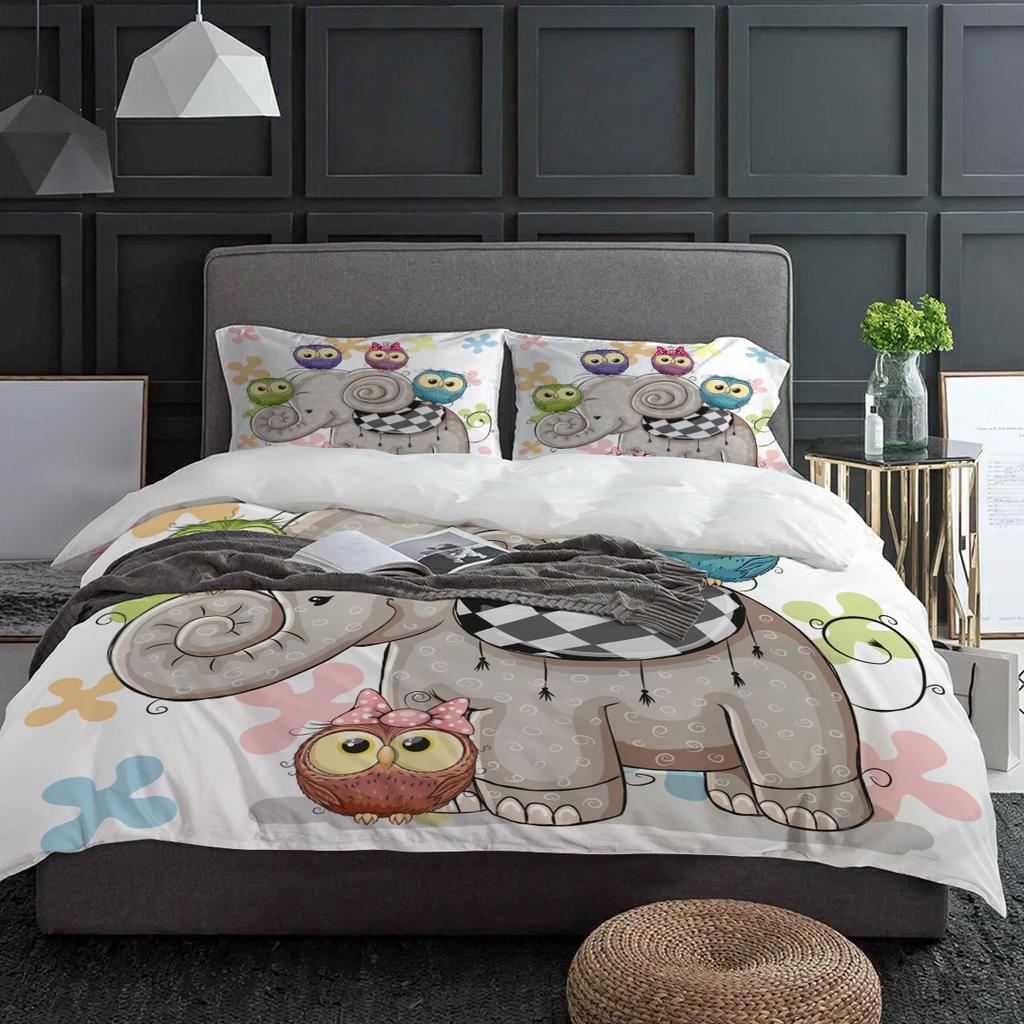 Cartoon Elephant Owl Bedding Set 3pcs Boys Girls Duvet Cover Pillowcase Kids Adult Quilt Cover Double Bed Set Home Textile