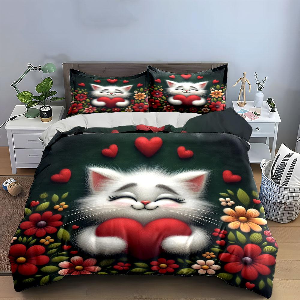 3D Fluffy White Cat Red Heart Floral Bedding SetCute Kitten Flower Valentine Warm Print Kids Bed Set 1 Duvet Cover 2 Pillowcase