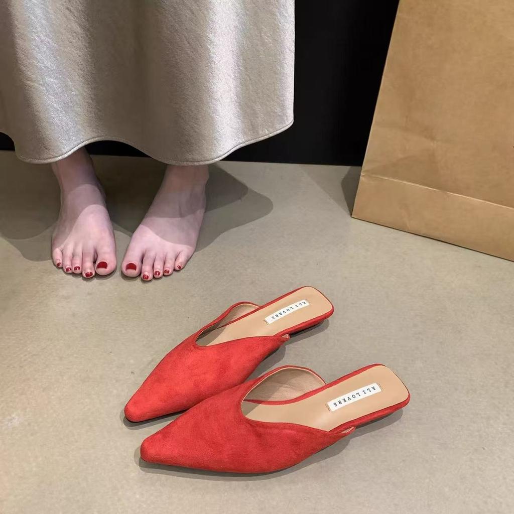 Flannelette Wrapped Half Drag Women Wear 2026 New Pointed Toe Lazy Low-heeled Slippers