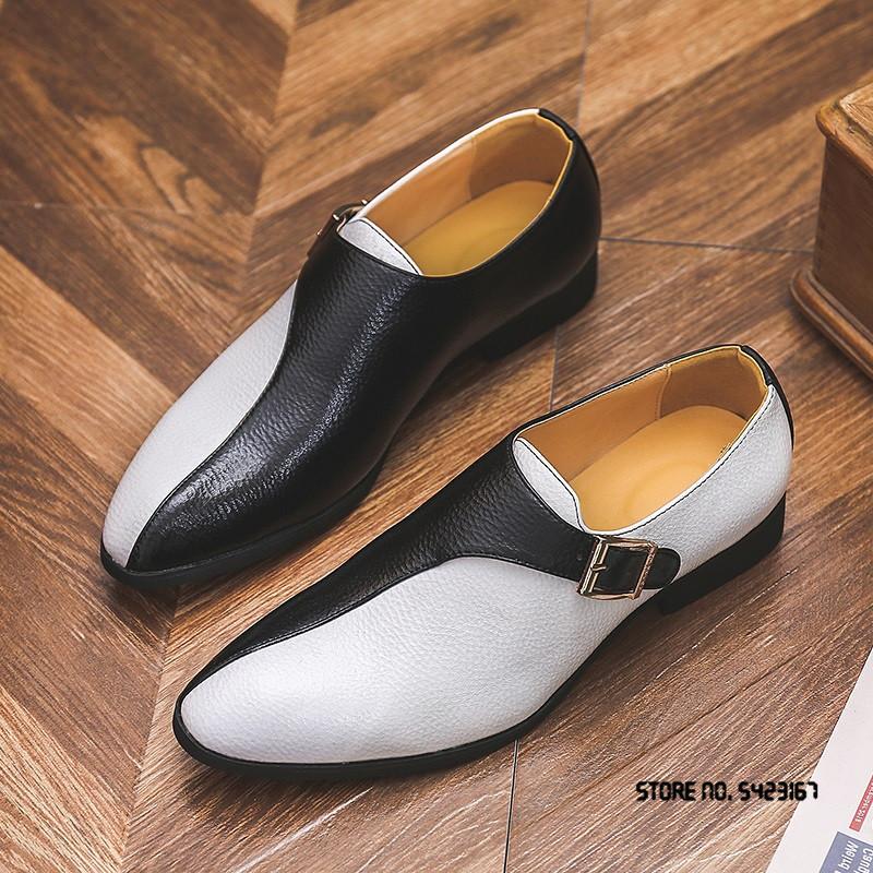 Designer Trend New Pointed Black White Monk Strap Shoes for Men Formal Wedding Prom Dress Homecoming Sapato Social Masculino