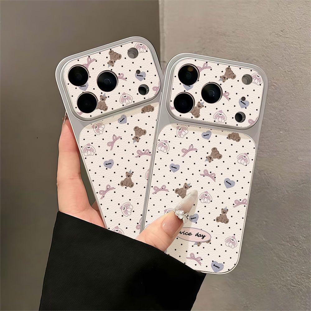 Ins Polka Dot Apricot Bear Is Suitable for Apple 17 Mobile Phone Case iPhone15promax All-inclusive 16 Leather Pattern Anti-drop.