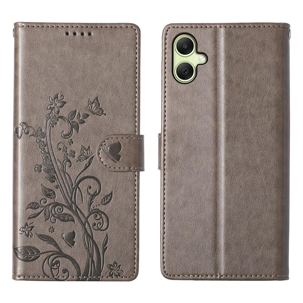 For Samsung Galaxy A06 5G/4G Wallet Case Butterfly Floral Imprint PU Leather Phone Cover with Wrist Strap