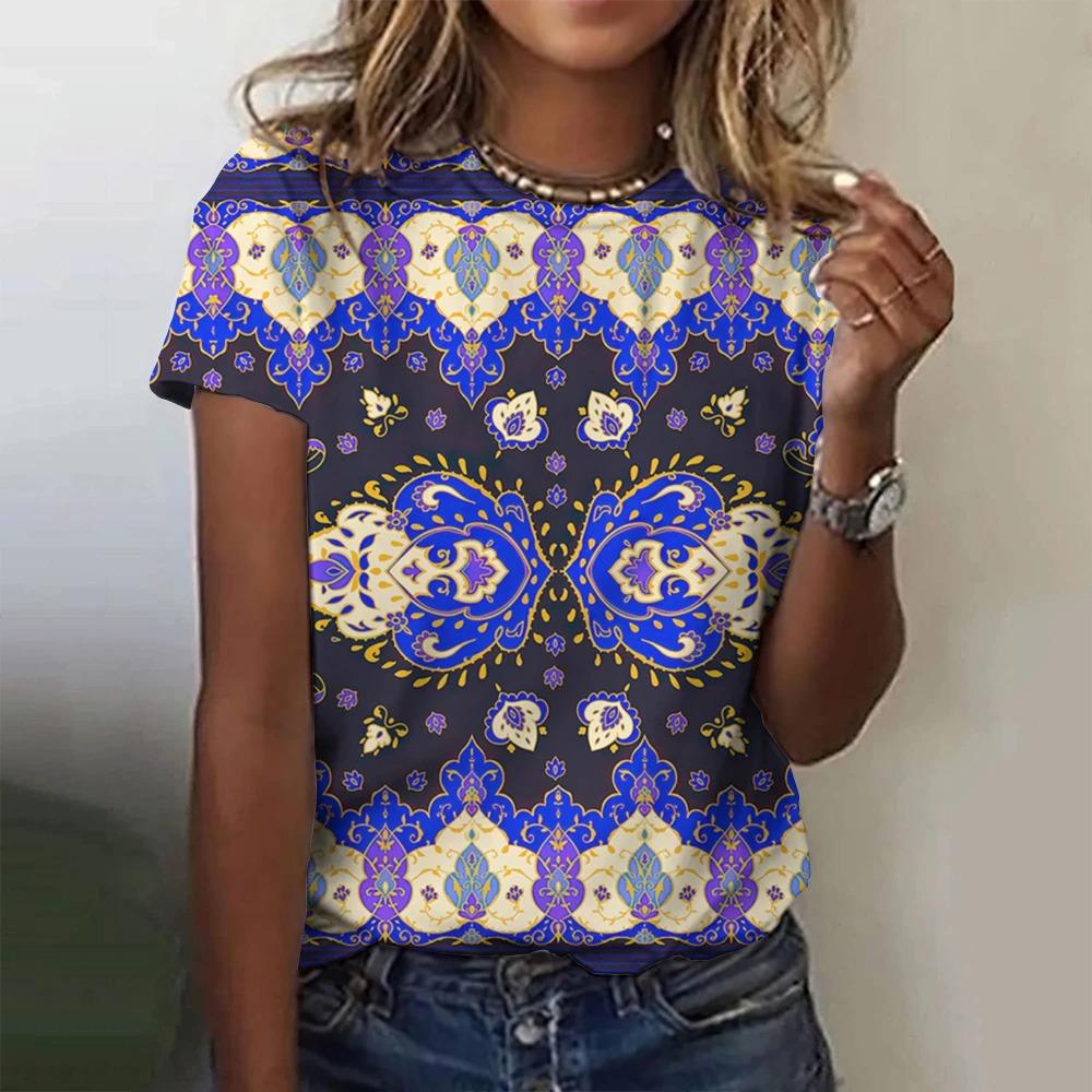 Abbigliamento Donna Estivo T-shirt Girocollo Top Casual Comfort Manica Corta Stampa Vintage Ampio Traspirante Abbigliamento T-shirt da Donna