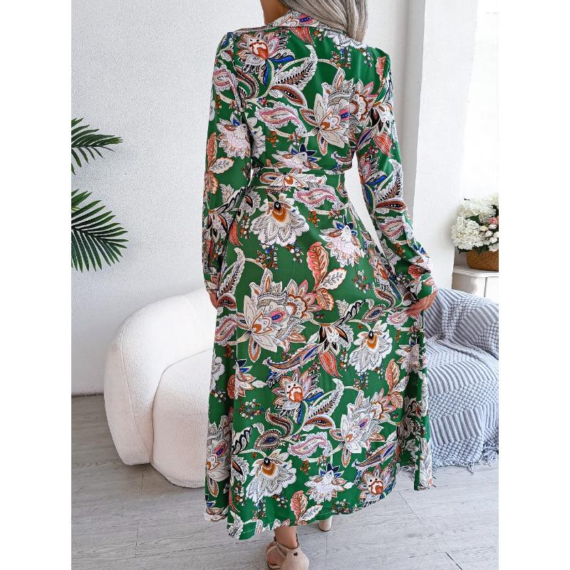 Women's Long Dress Summer Long Sleeve Vintage Floral Lapel Tied Shirt Dress Women Fashion Single Breasted Loose Casual Office Ladies Dresses