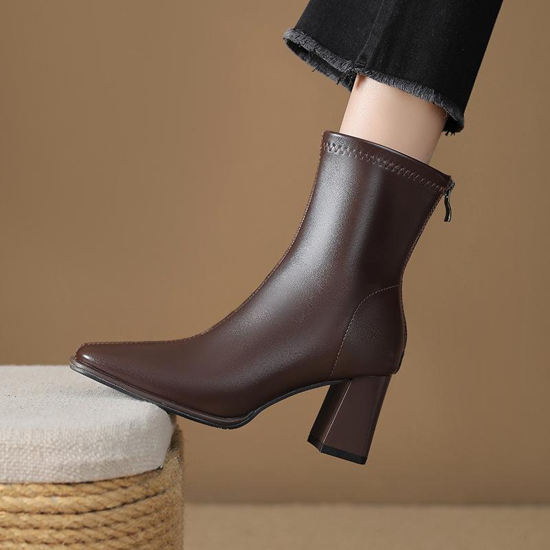 thick heel square head thin boots women's medium tube fashion simple temperament rear zipper autumn and winter new French soft leather Martin boots