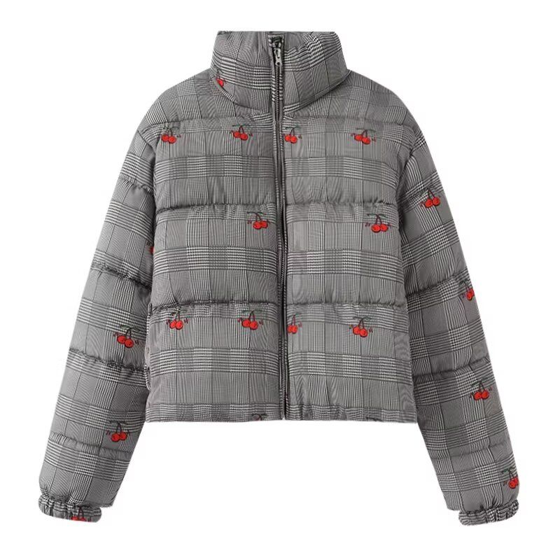 

Same Style with Li Brownie Zhou Yutong American vintage Dynamic Cherry Print Loose Stand Collar Cotton-Padded Coat Short coat Small Cherry Print Plaid L