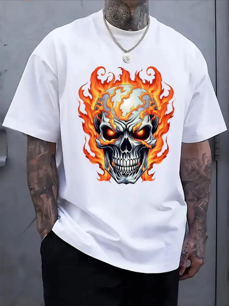 Skull and Flame Print Unisexs Stylish T Shirt Cotton Tee WoUnisex Summer Oversized Loose Funny Novelty Streetwear Harajuku ONeck