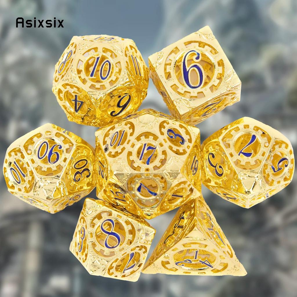 7 Pcs Yellow Blue Gear Wheel Metal Dice Hollow Metal Polyhedral Dice Set Suitable for Role-Playing RPG  Board Game Card Game
