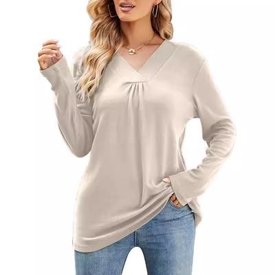 Herbst Damen Casual V-Ausschnitt Plissee Langarm Lockeres T-Shirt