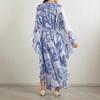 Blue White Porcelain Print Loose V-Neck Maxi Dress Women High-Waist Long Sleeve Boho Flowy