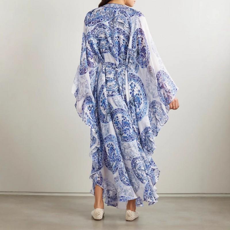 Blue White Porcelain Print Loose V-Neck Maxi Dress Women High-Waist Long Sleeve Boho Flowy