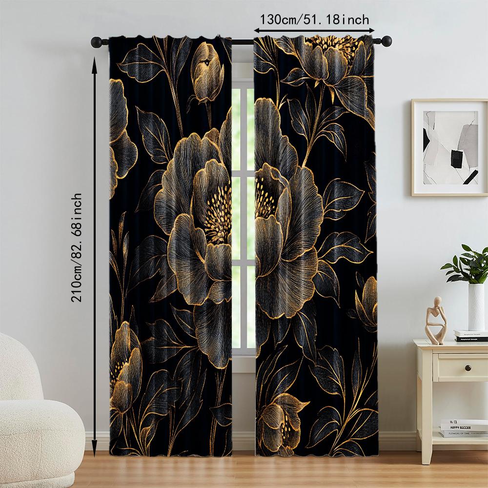 Set Of 2 Versatile Polyester Transparent Curtains Home Decoration Black Golden Floral Use Bedrooms Living Rooms Curtain Ideal For Room