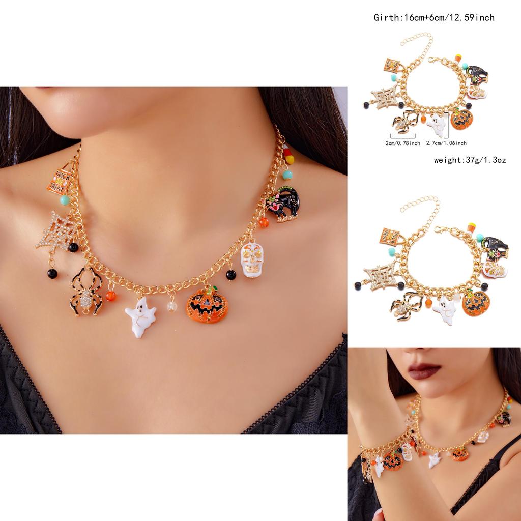 Halloween Pumpkin Ghost Spider Alloy Jewelry Set With Chain For Men Women