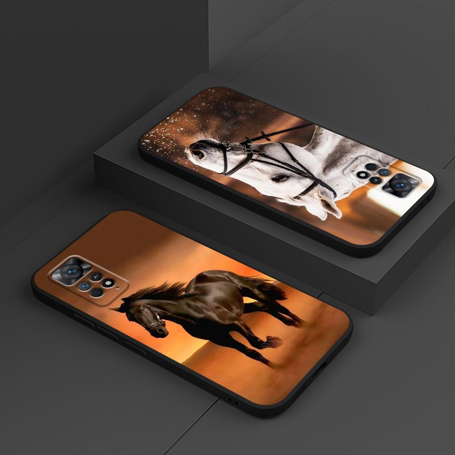 Hülle für Xiaomi Redmi Note 9 10 11 12 Pro 11s 13 14 Pro Plus 10S 12s 9S 7 8 Schwarz Weiche Handyhülle Pferd Tier