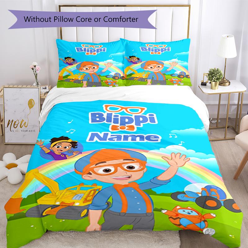 3pcs Custom Name Blippi Bedding Set Duvet Cover Closure Includes 1 Duvet Cover & 2 Pillowcases, Soft and Comfortable for All Seasons.