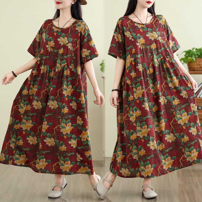 Summer Retro Cotton and Linen Round Neck Short Sleeved Dress, Women's Loose Skirt