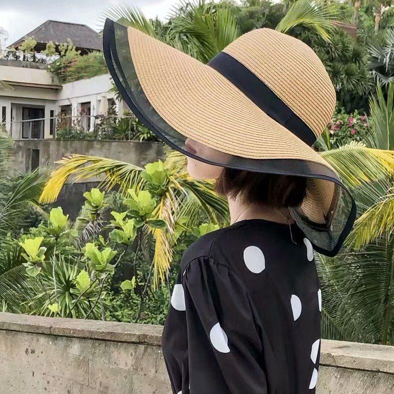 WTEMPO Women's Mesh Patchwork Solid Color Spring Summer Foldable Sunscreen Hats Office Ladies Wide Brim Travel Beach Breathable Commuting Sun Hats