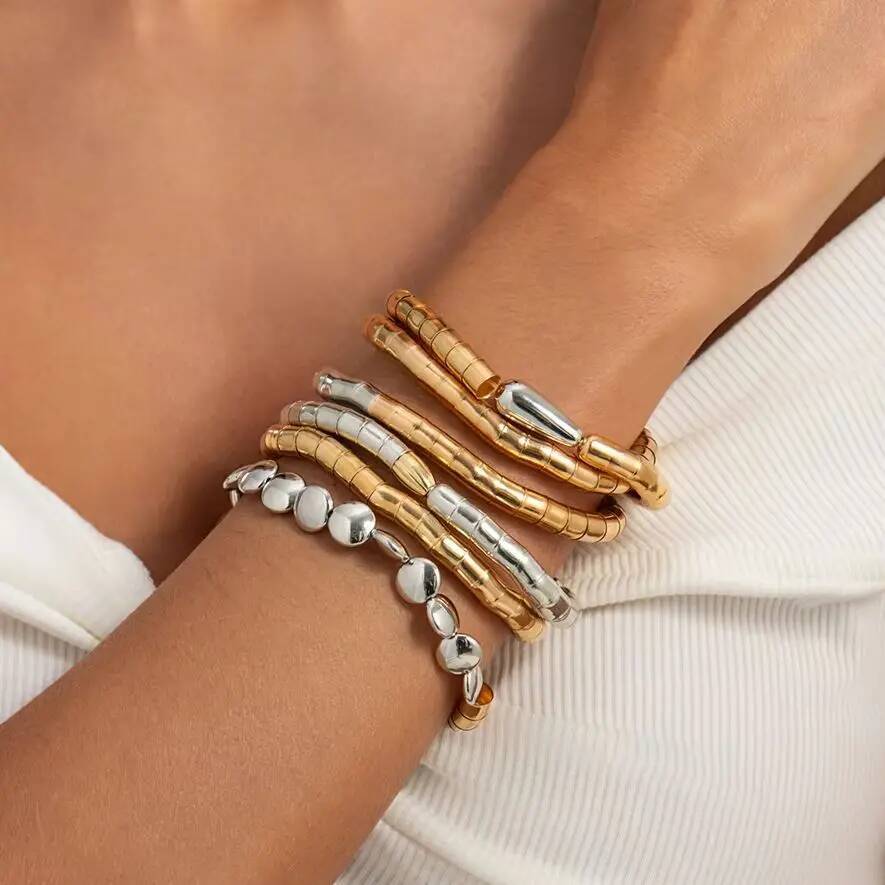 Salircon 6 Pcs Punk Trendy Irregular Geometry Bracelet Set for Women Men Creative Handmade Metal Stack Hand Chain Couple Jewelry