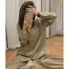 High-end Olive Green Turn-down Collar Cardigan Pajama Set for Women - Autumn Temperament, Long-sleeved Homewear.