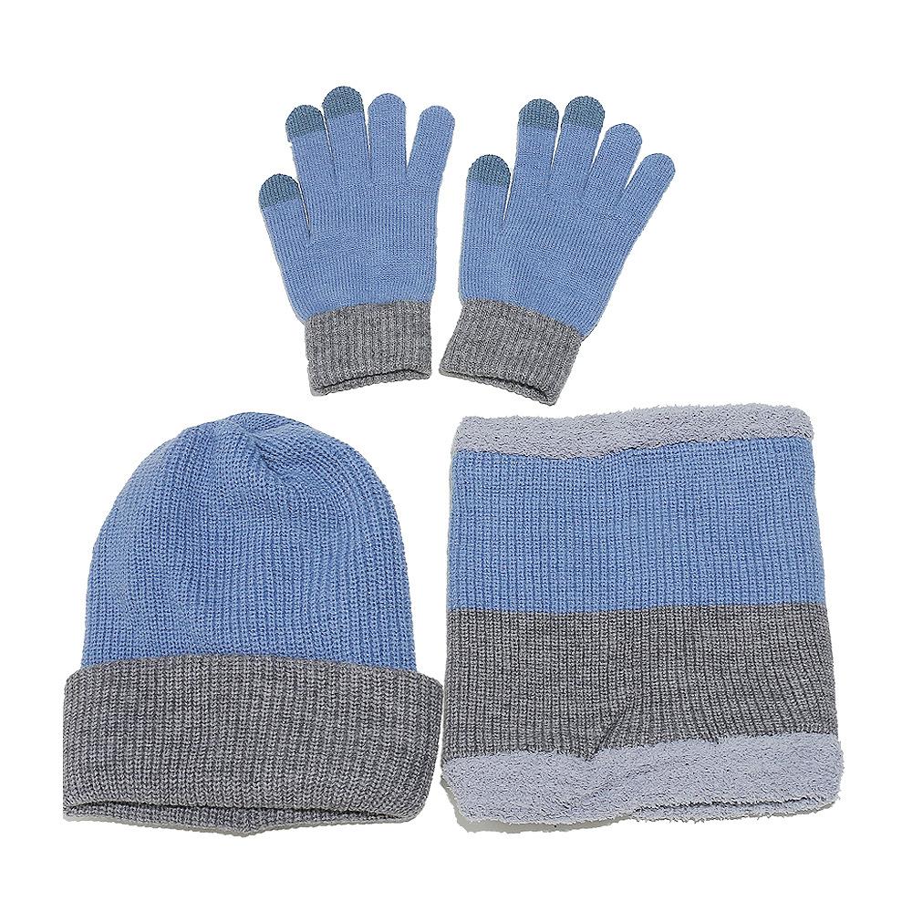 

Теплый вязаный комплект из трех предметов: перчатки, шапка, шарф, уличный, ветрозащитный, с цветовой гаммой, с защитой ушей, зимний костюм для мужчин небесно-голубой