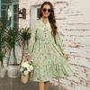 Autumn Winter Women Long Sleeve Print Elegant V-neck Casual A-Line Knee-Length High Waist Dress