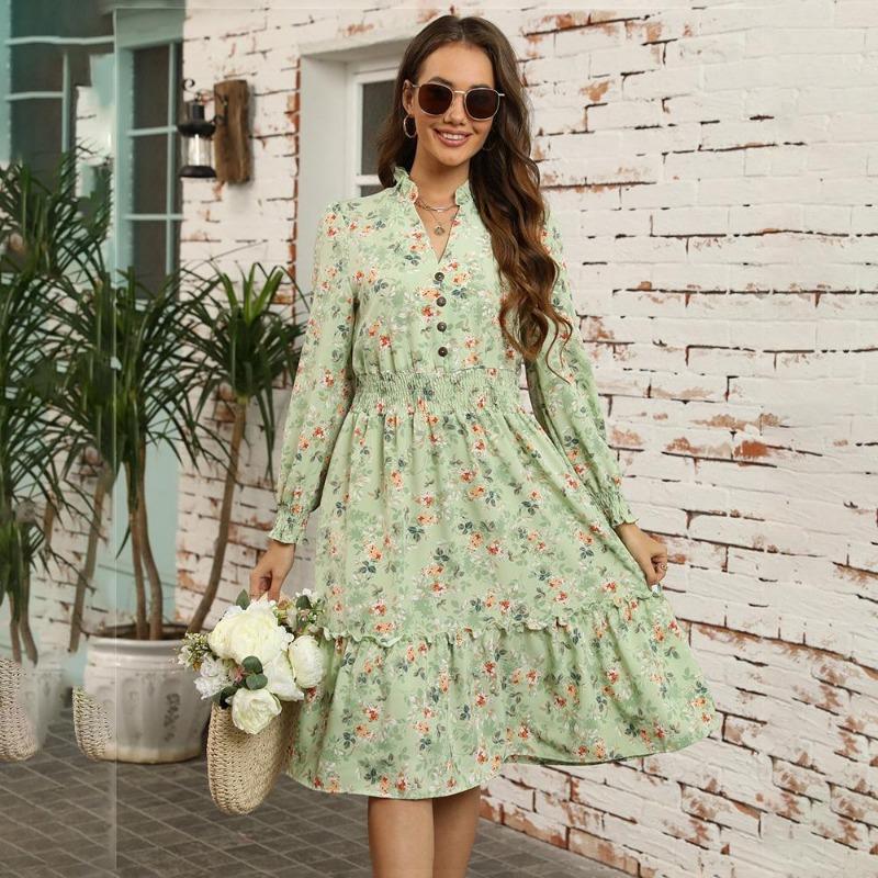Autumn Winter Women Long Sleeve Print Elegant V-neck Casual A-Line Knee-Length High Waist Dress