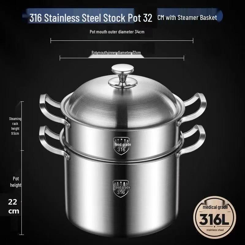 Extra Tall 316 Stainless Steel Stock Pot - Food-Grade, Deepened & Thickened, Large Capacity, Perfect for Stewing & Soups