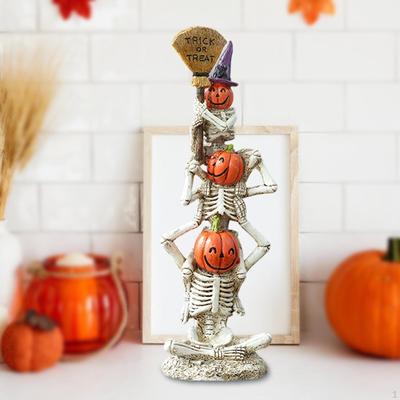Halloween Stacked Skeleton Pumpkin Statue,Halloween Decoration Table Centerpiece Collectible Spooky