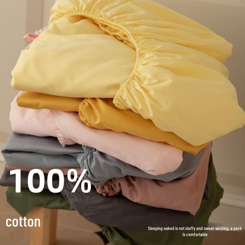 Solid Color Cotton Fitted Sheet & Pillowcase Set - Single Bed Mattress Protector