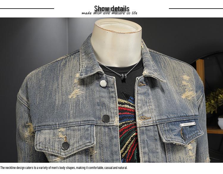 Men's Retro Ripped Washed Jacquard Denim Jacket - Casual & Cool