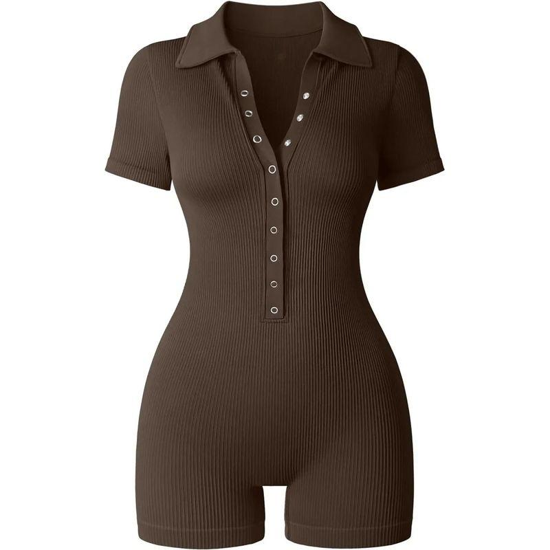 

V-neck Short Sleeve Waist Cinched Jumpsuit V-Neck Short Sleeve Waist-Controlled Jumpsuit Dark Brown XL(XL)