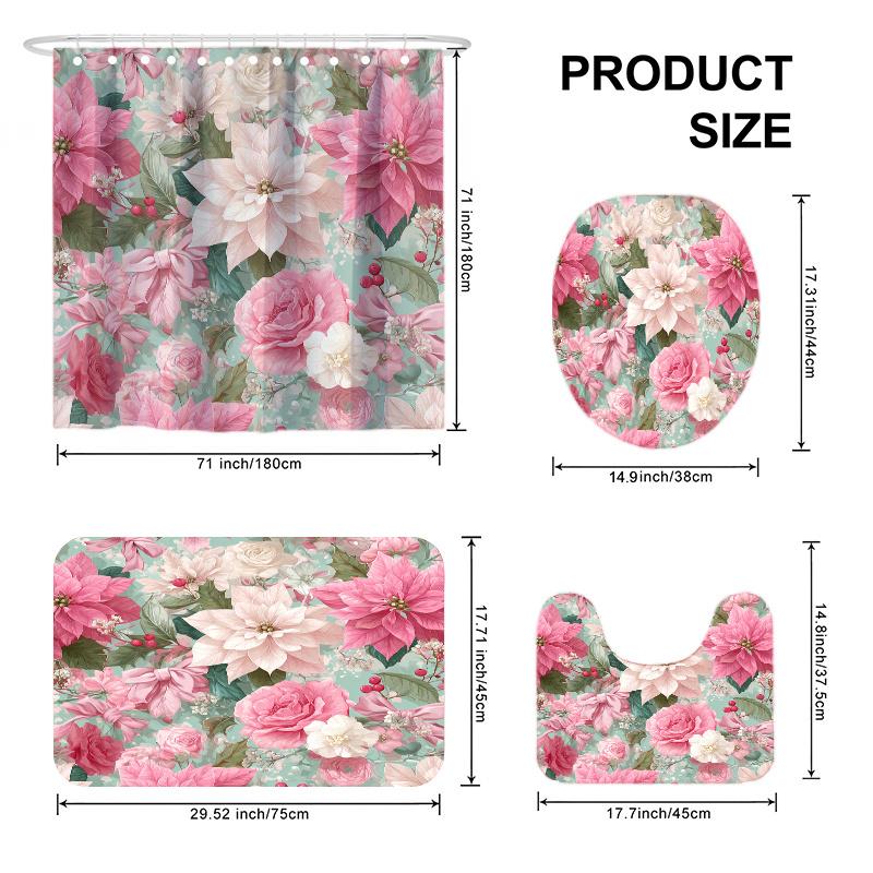 4-teiliges Duschvorhang-Set „Floral Romance Scene“ mit rutschfester Badematte, Toilettendeckelbezug, Kontur-Teppich & 12 Haken, Badezimmer-Dekoration
