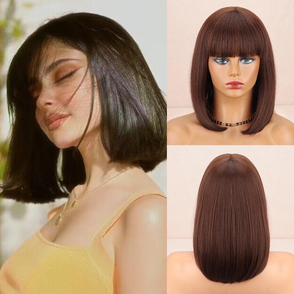 MISSQUEEN Synthetic Brown Gradient Bangs Bob Wig Shoulder-length Straight Wig Suitable for Female Role Daily Wig Heat-resistant Fiber