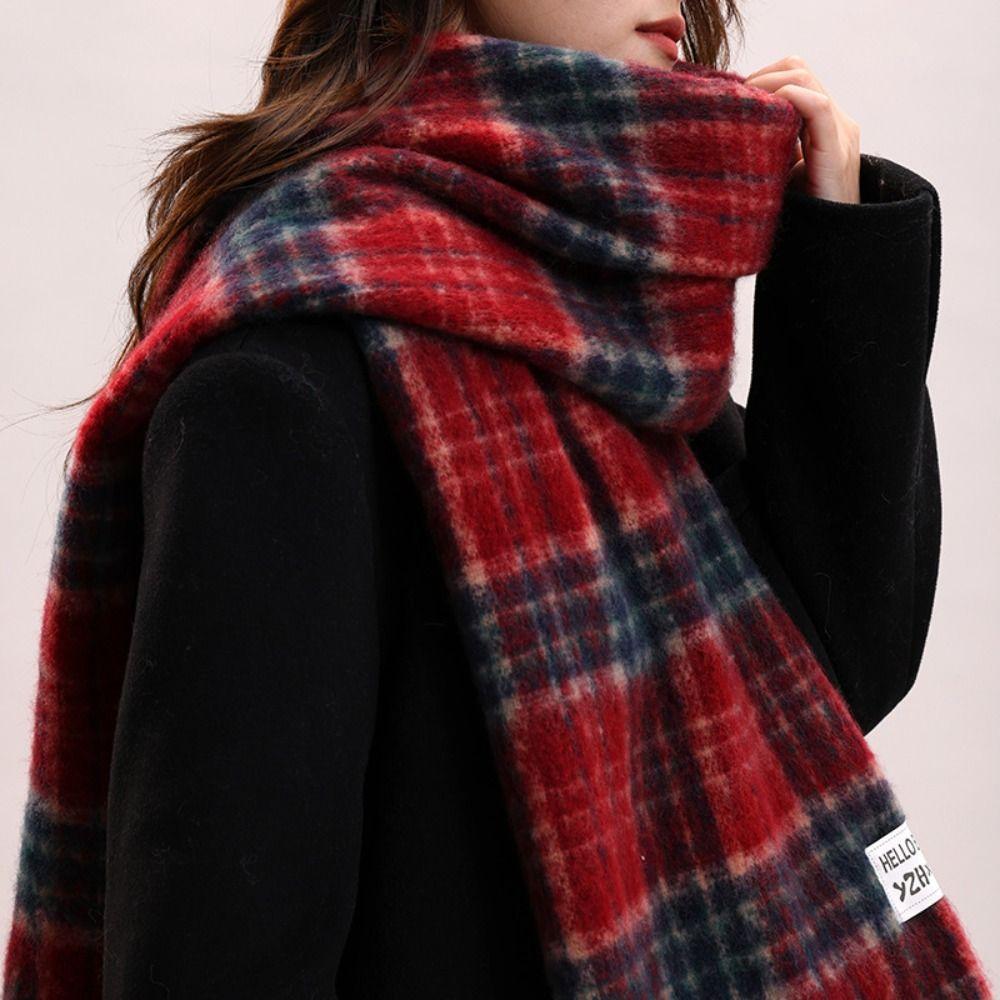 Tassel Plaid Wool Scarf Plush Long Shawl Retro Winter Cashmere Scarves  Women/Men