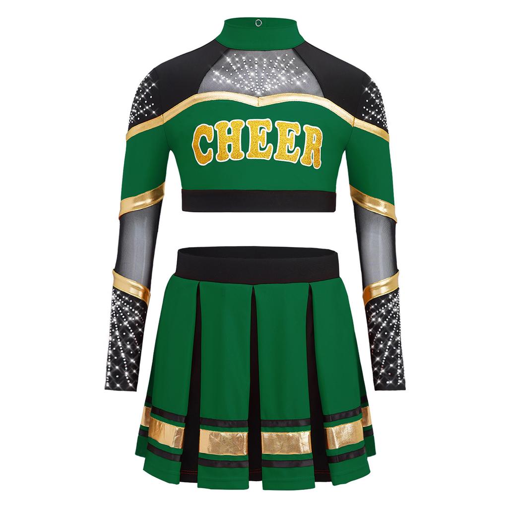 Bambina Ragazza Costume da Cheerleader 2 Pezzi Costume da Esibizione Manica Lunga Patchwork in Rete Trasparente Strass Color Block Crop Top con Gonna Pieghettata
