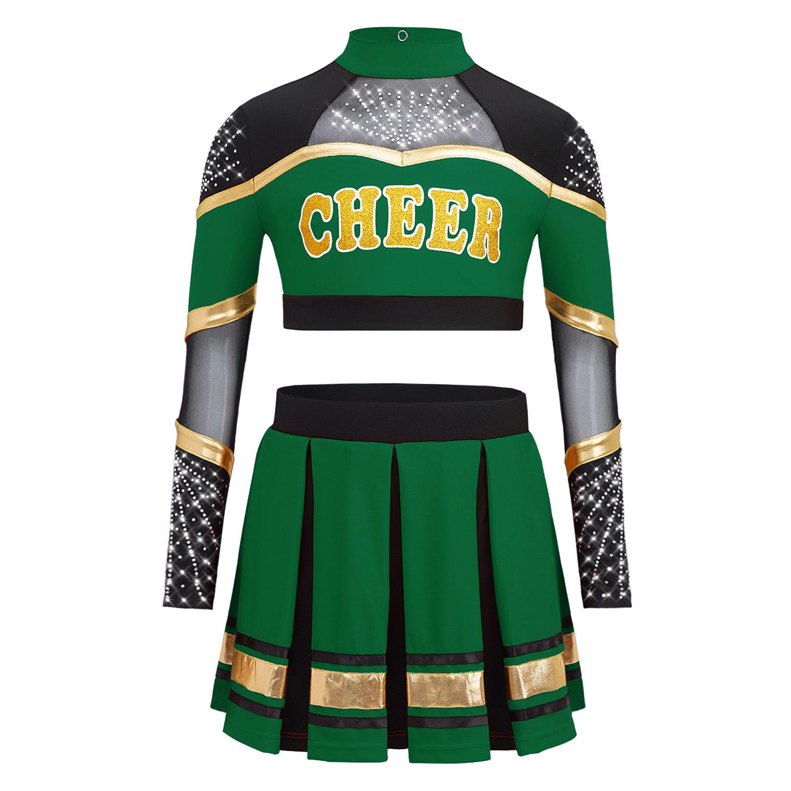 

Kids Girls Cheer Uniform Set: Mesh Patchwork Rhinestone Crop Top & Pleated Skirt with Long Sleeve Color Block Design for Dance Performance 5-6 Years зелений