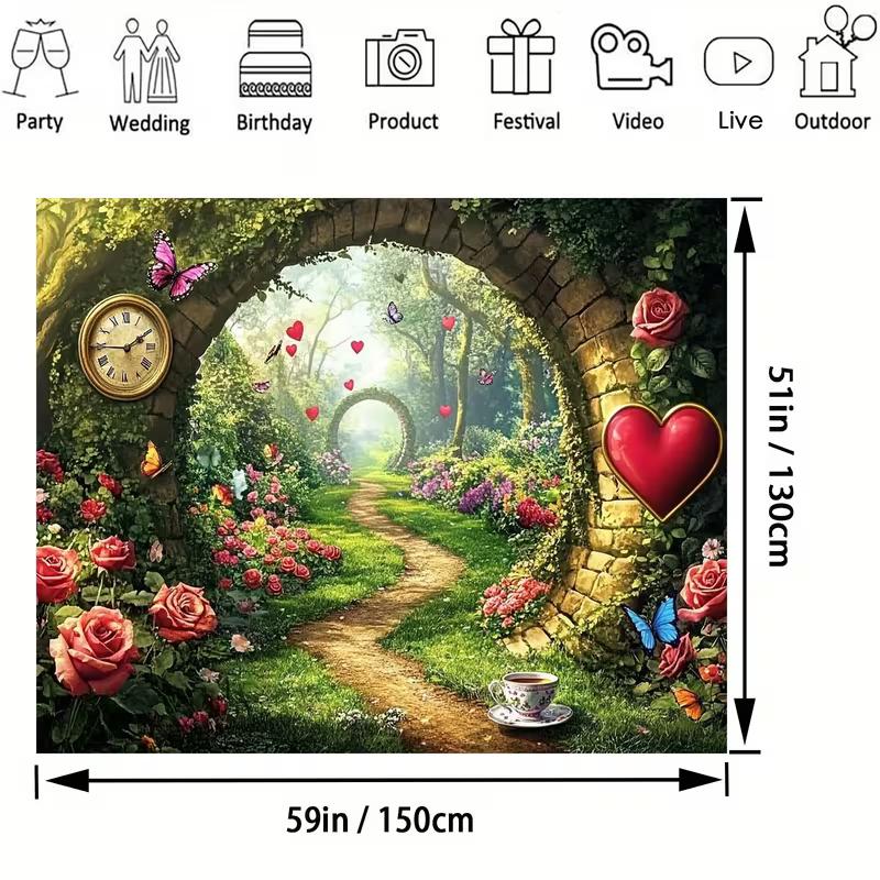 2D Romantic Rose Garden Arch Backdrop Valentine's Day Love Heart Photo Booth Background