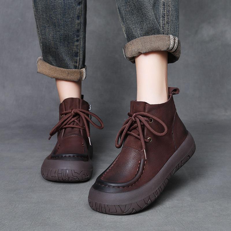 Damen Echtleder Stiefel Klobige Plateaustiefel Kurze Stiefel Retro Streetstyle Winter Warm Wolle Fell Damen Flats Stiefeletten