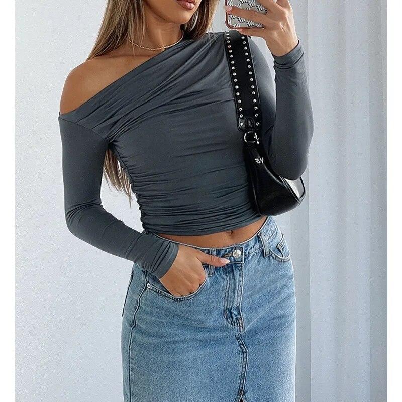 Fashion Slim Fit Skew Collar T-shirts Women Solid Pleated Off-the-Shoulder Crop Tees Tops Casual Elegant White T Shirt  30646