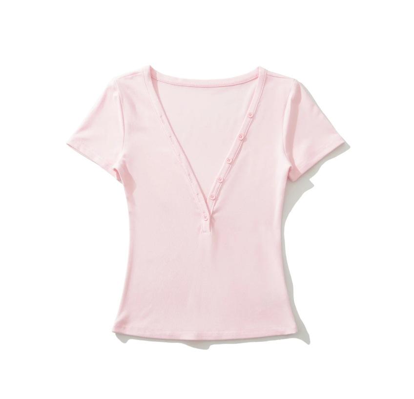 Sexy Deep V-neck Short-sleeved T-shirt Women's Summer New American Spice Girl Style Solid Color Slim-fitting and Thin Bottoming Top