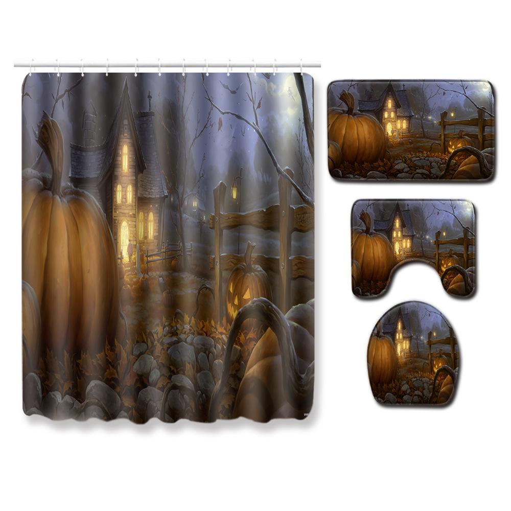 Halloween Series Bathroom Shower Curtain Floor Mat Toilet Cover Foot Mat Four-Piece Pattern Size