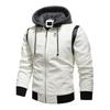 Men's Leather Stand Collar Detachable Hooded Motorcycle Leather Jacket Fashionable Embroidered Colorblock Coat